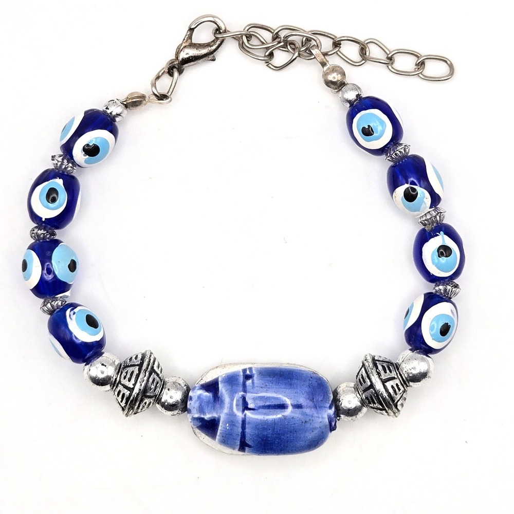 Ceramic Scarab and Evil Eye Blue‎ Glass Bead Bracelet, Egyptian Turkish Style